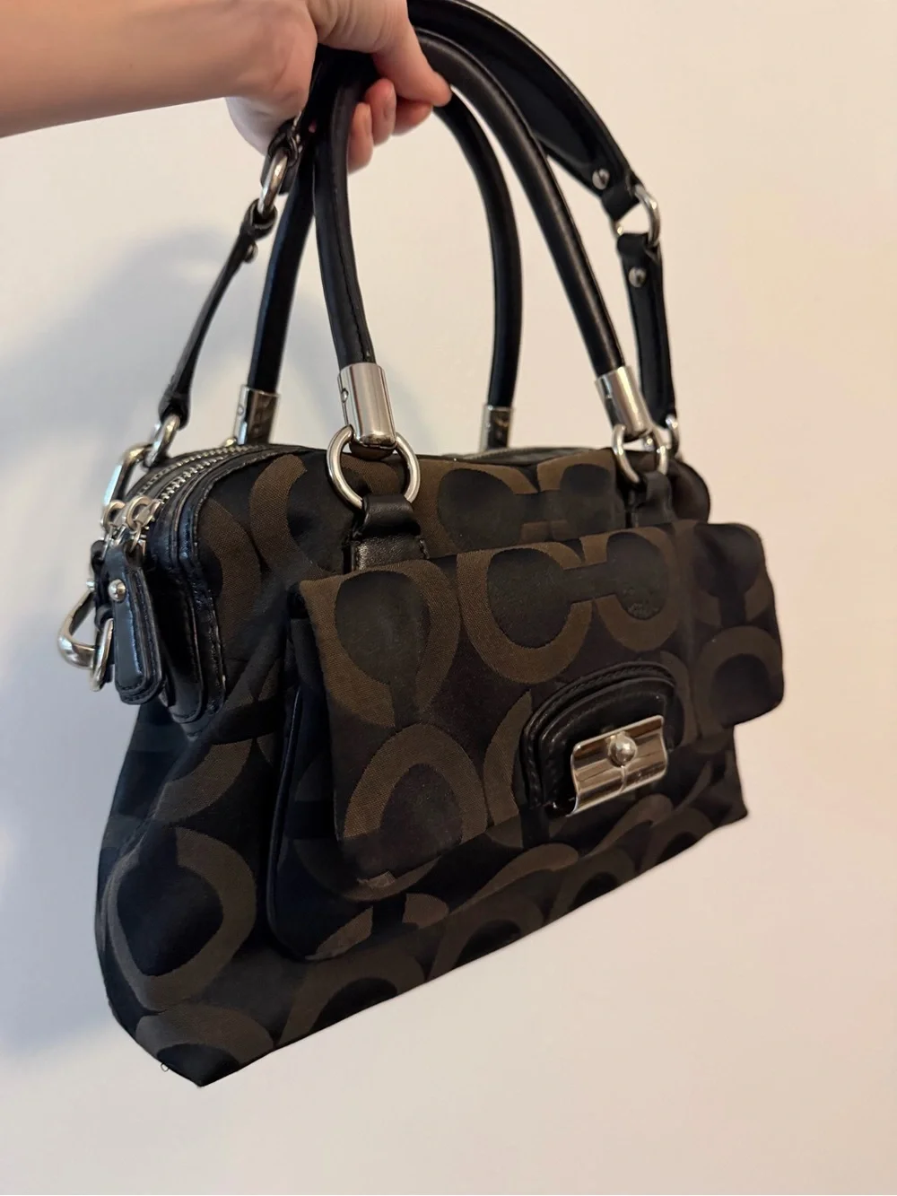 Coach Black and Brown Signature Satchel with Turn-Lock Detail